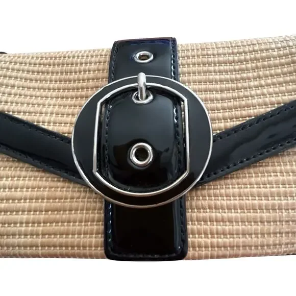 Ann Taylor Wicker Almond/Black Patent Leather Clutch With Silver Buckle Size OS - Picture 6 of 10